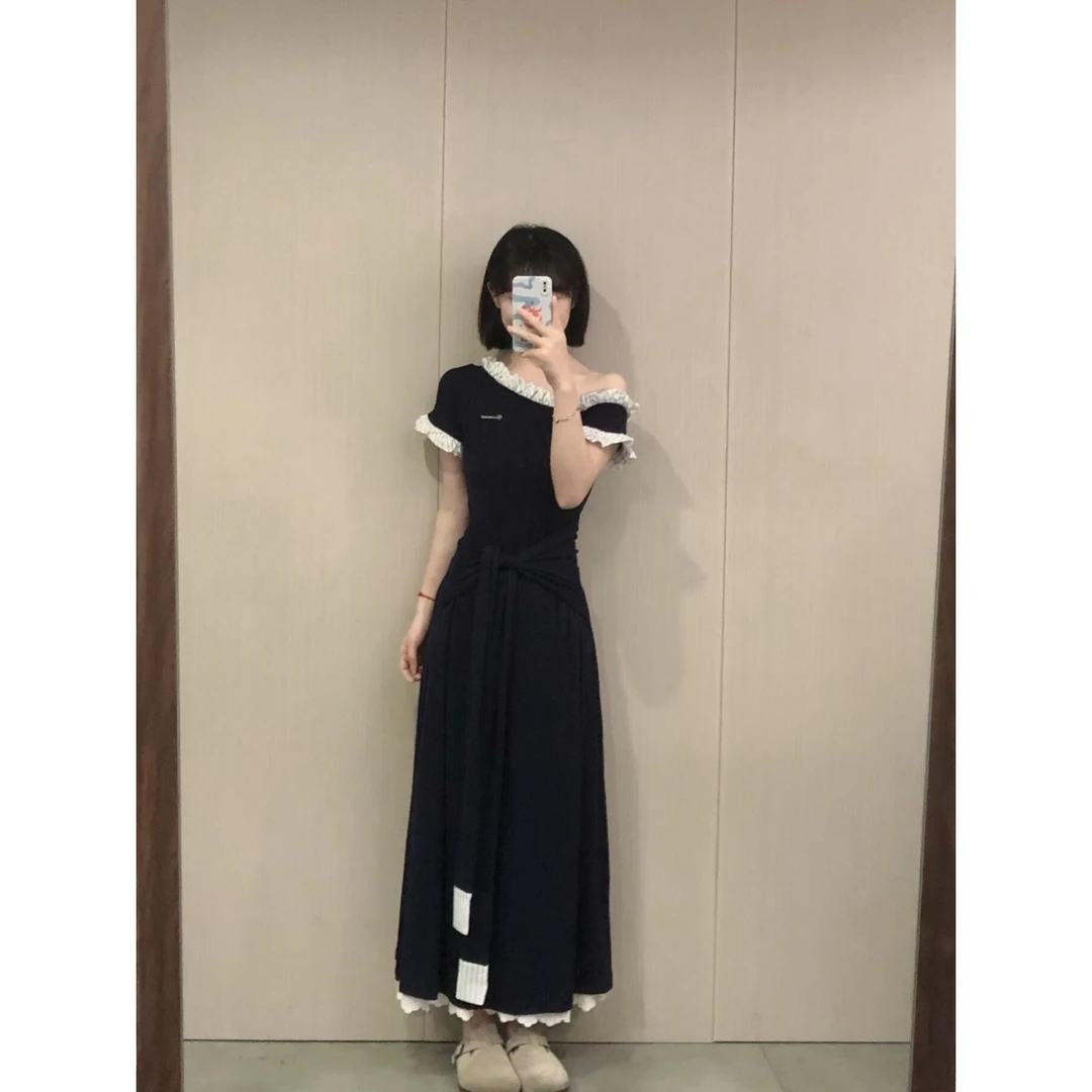 夏季高级感斜肩拼接绑带假两件休闲连衣裙女木耳边气质纯欲长裙子