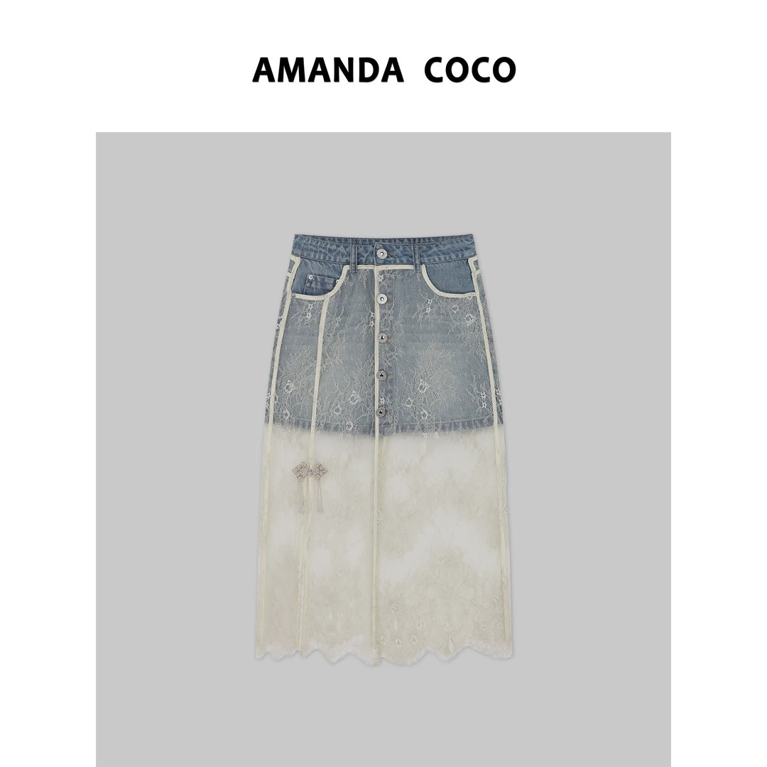 蕾丝梦境～重工轻国风烫钻蕾丝拼接气质牛仔半