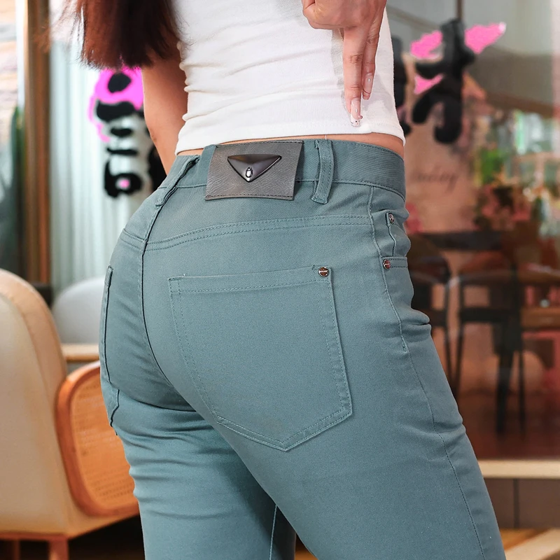 高端潮流时尚翡翠蓝九分牛仔裤男士夏季薄款修身小直筒弹力长裤子