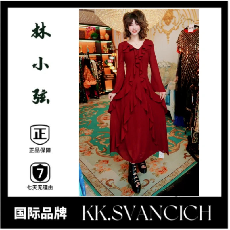 386小众设计款酒红色时尚女士荷叶边中长款连衣裙轻奢大气长裙WXH