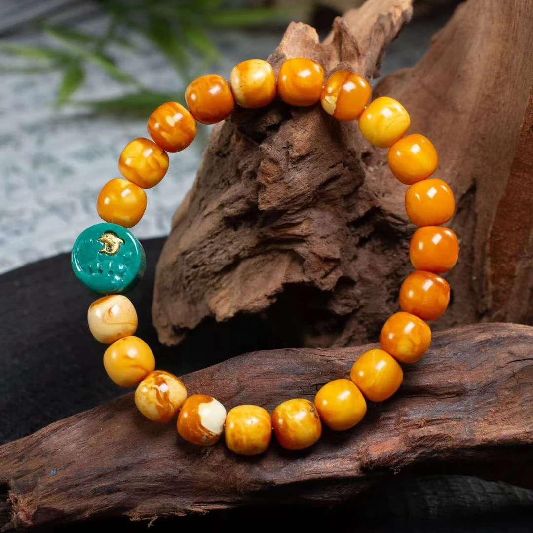 【壹芳珠宝】天然原矿琥珀蜜蜡微瑕亮皮老型花蜡海豚牌单圈8mm