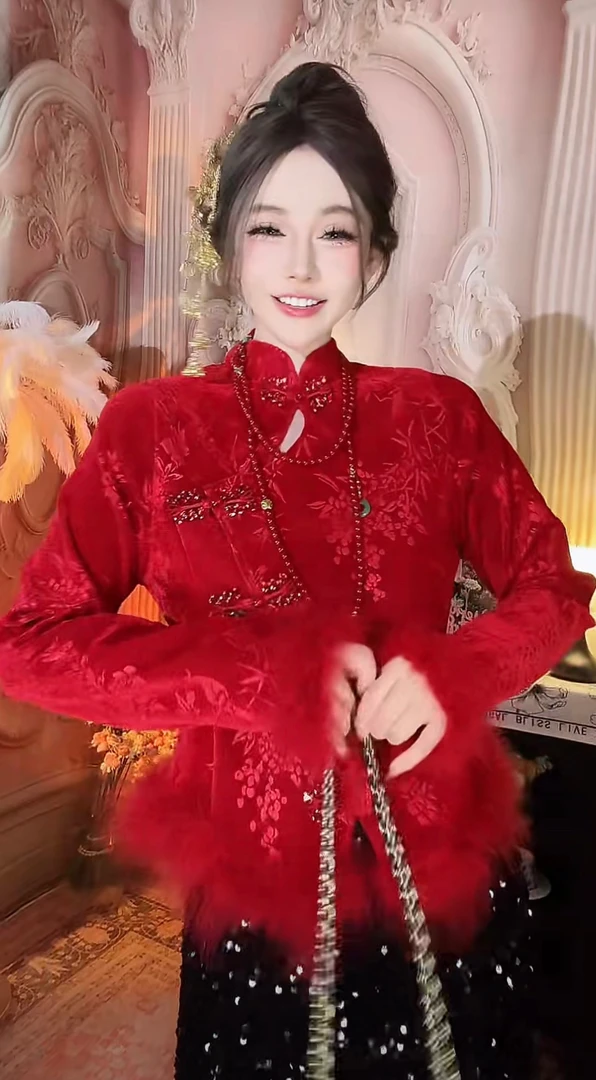 【崔】朱弦诗韵  Z0166红色长袖新中式加厚拜年服秋冬唐装国风冬季