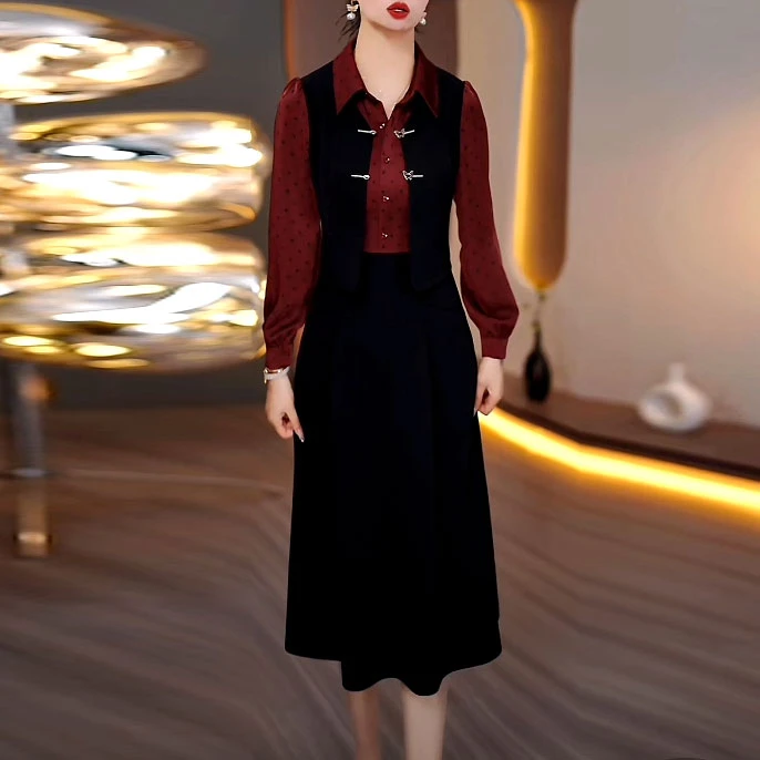 精纺四面弹时尚马甲拼接假两件连衣裙2025春季新款长袖修身A字裙