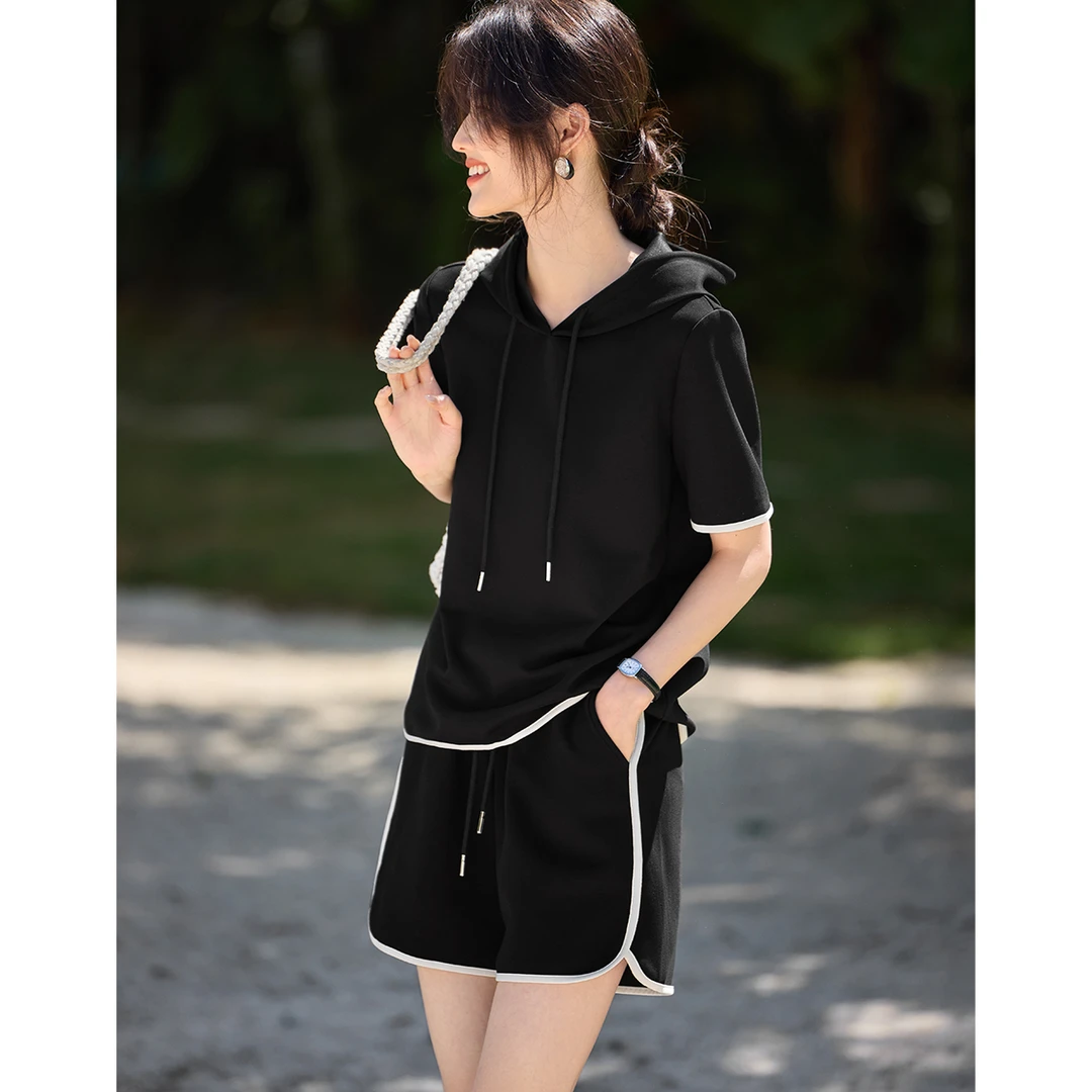 XWI/欣未25初夏款运动休闲撞色边连帽短袖卫衣卫裤两件套套装4015