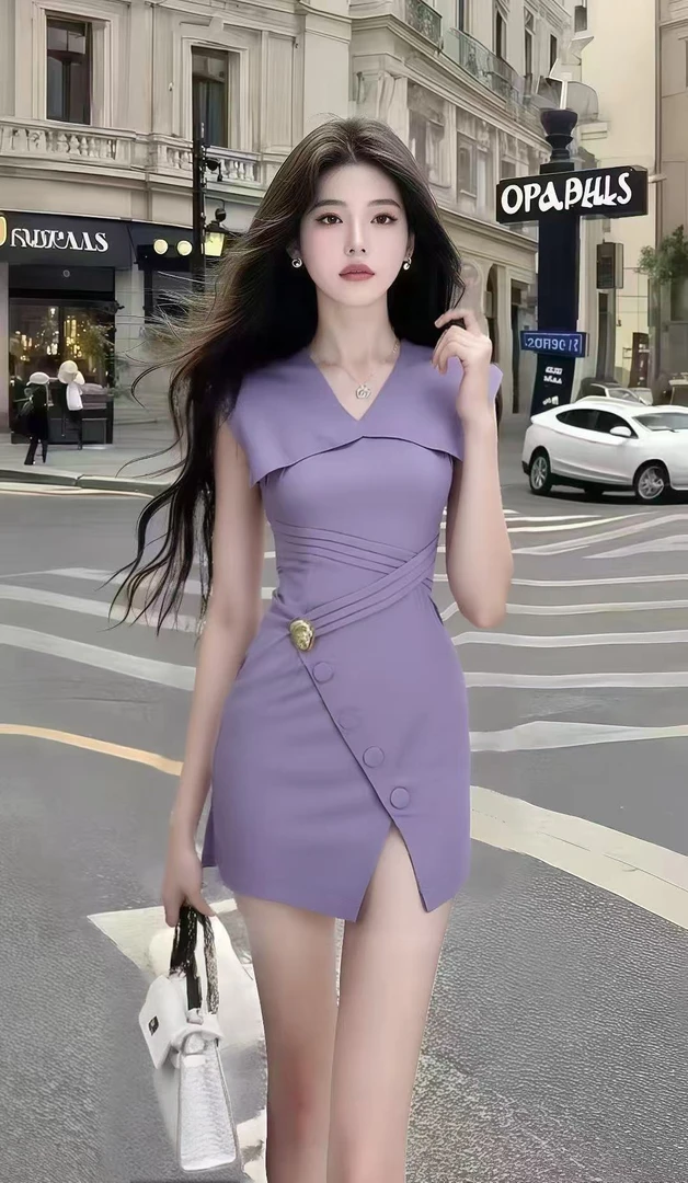 轻奢高端气质显瘦知性风紫色V领无袖修身收腰包臀开叉连衣裙女