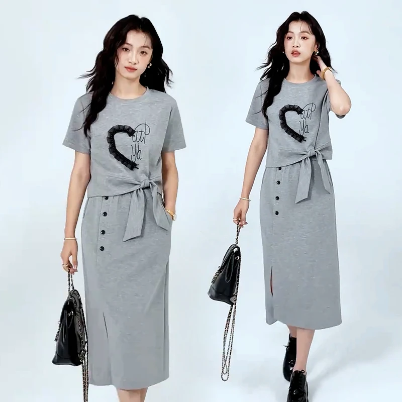 高含棉时尚减龄套装女2025年夏季新款不规则短袖开叉半身裙两件套