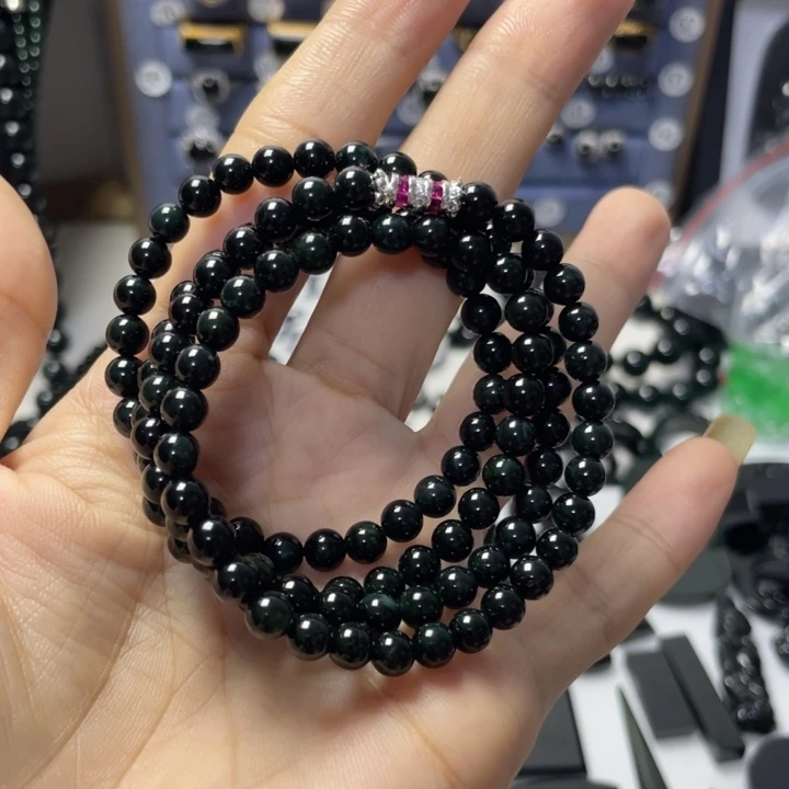 翡翠未镶嵌手链墨翠小米珠卡5.3mm