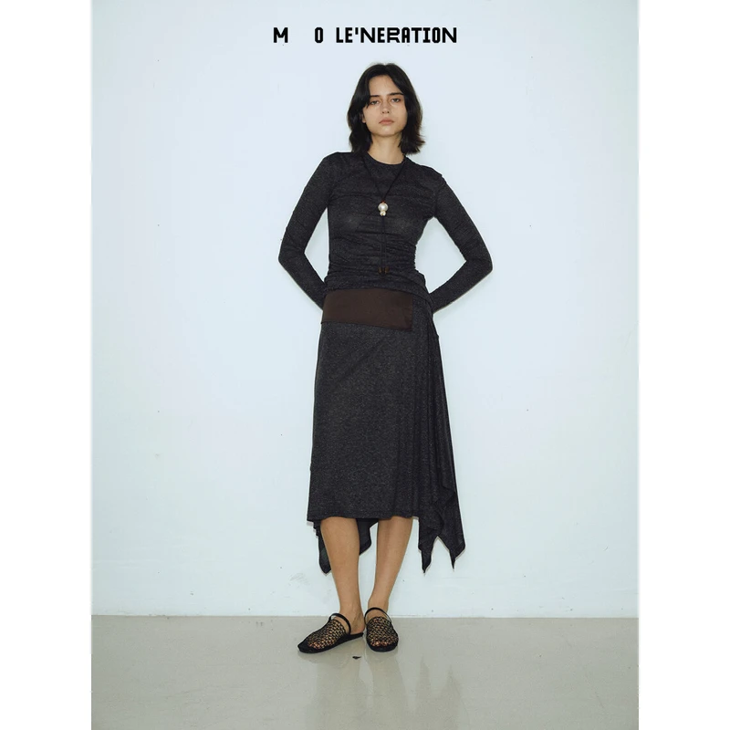 MOLE´NERATION墨黛紫拼接亚麻一片裙