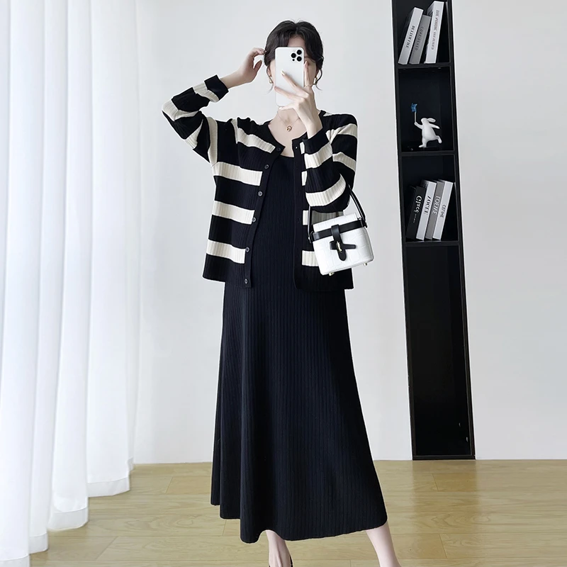 孕妇休闲套装韩版慵懒风条纹长袖小香风外套上衣显瘦吊带裙两件套