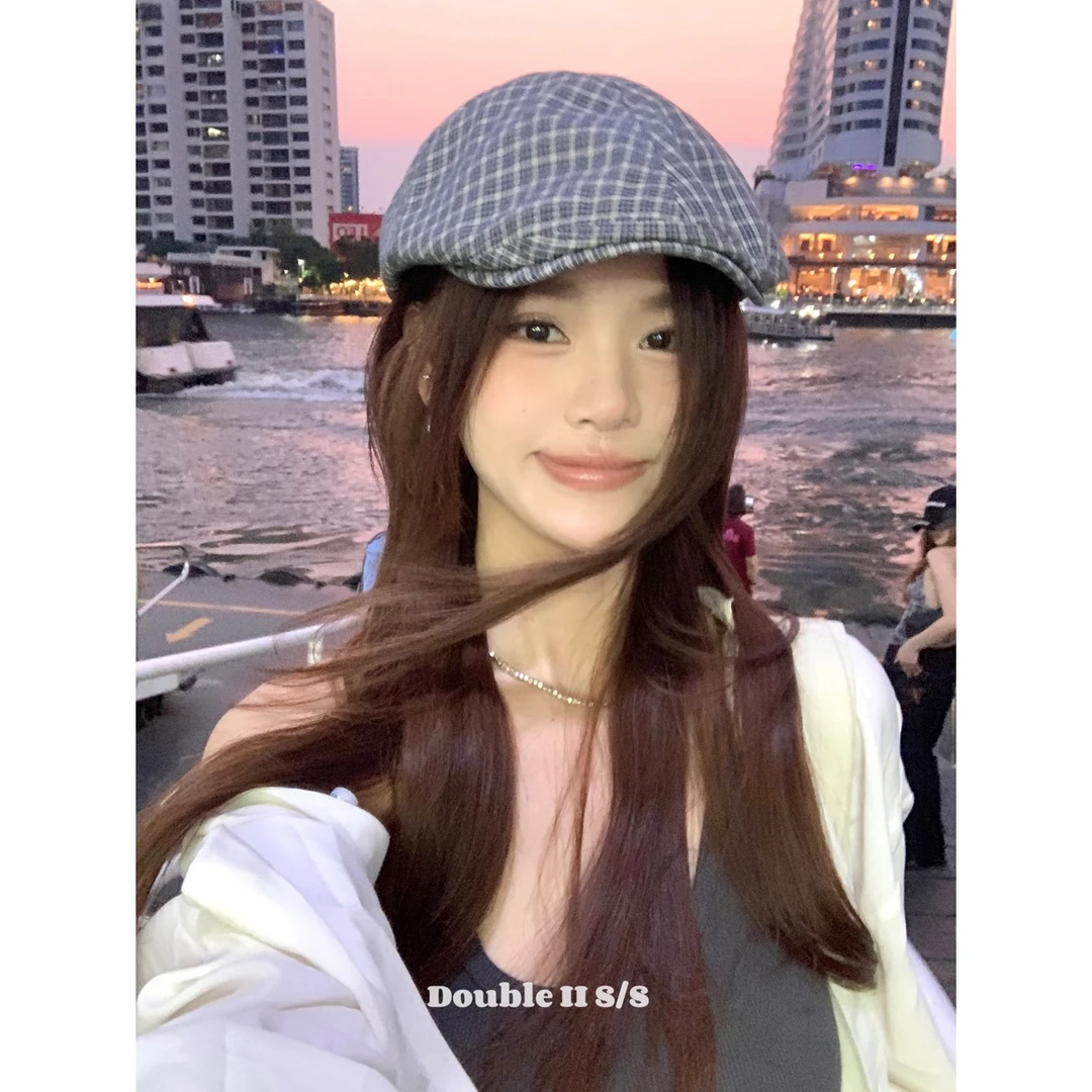 double i i 日系文艺格子前进帽女春夏高级百搭显脸小贝雷帽子