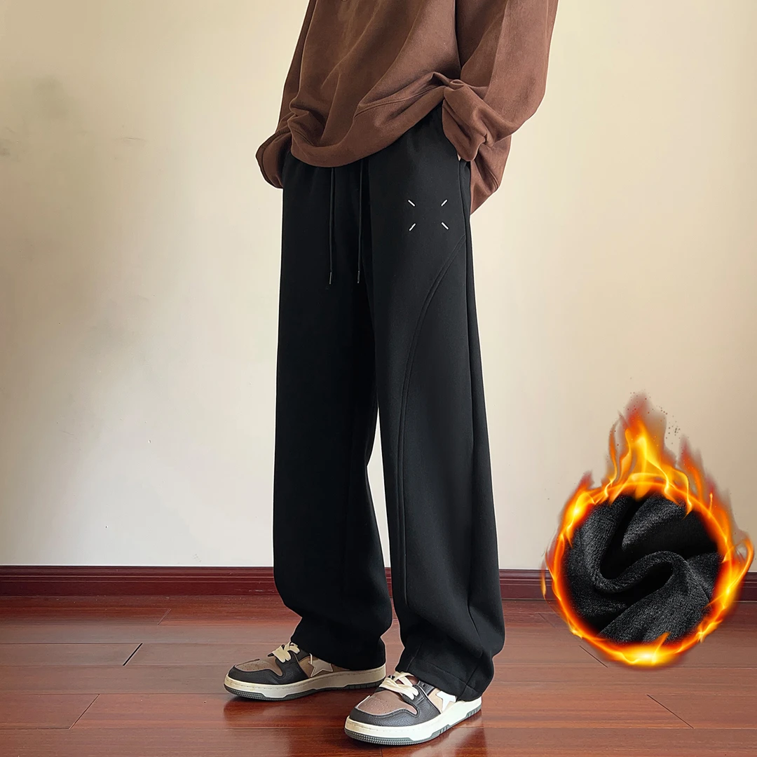 美式重磅加绒卫裤男款2025秋冬季潮牌宽松直筒加绒保暖休闲长裤子