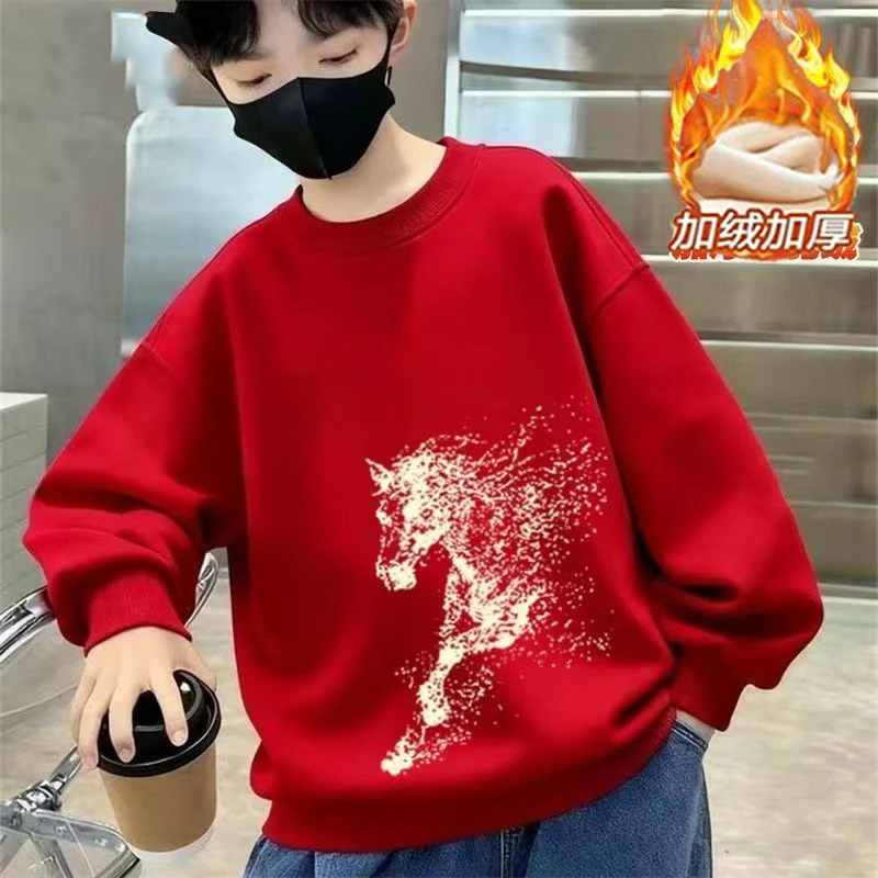 2026马年新款新中式秋冬加绒卫衣男大童套头衫过年服红色洋气上衣