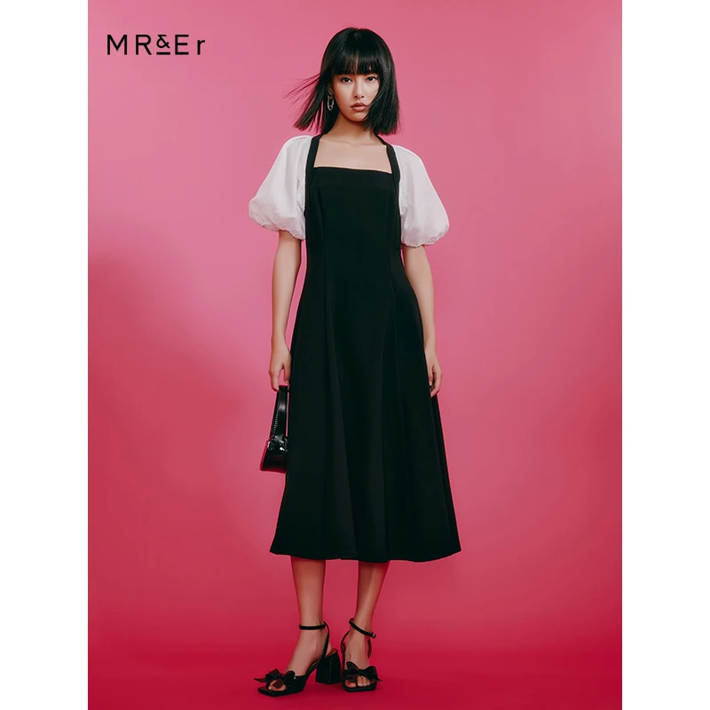 【小余专属】【福利清仓】高腰A字连衣裙显瘦泡泡袖拼接裙子R4B90934