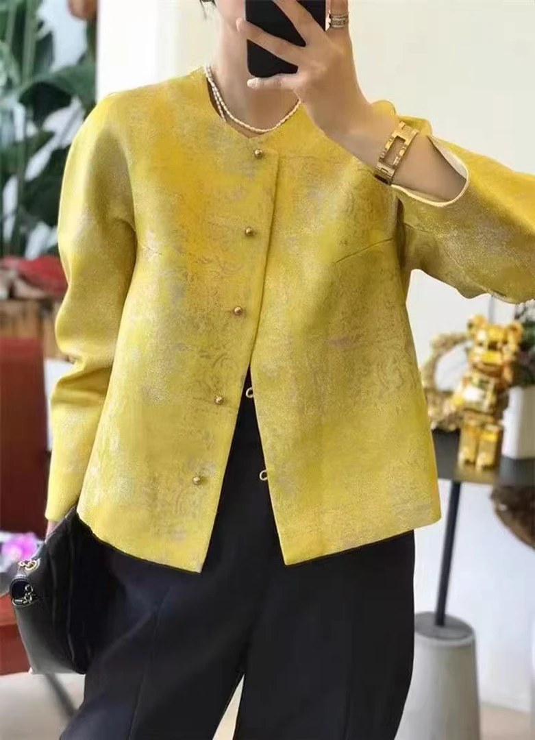 黄色短外套女士秋冬新款圆领宽松唐装复古国风新中式上衣7135