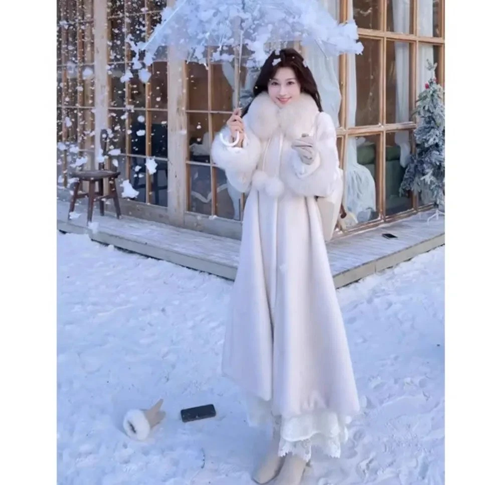 秋冬毛呢新中式冬季显瘦白色气质保暖百搭加厚毛呢外套森系长款