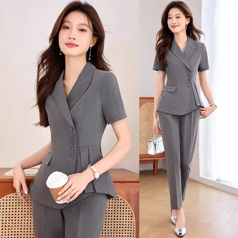 灰色短袖西装套装女夏季职业正装珠宝店美容院工装前台接待工作服