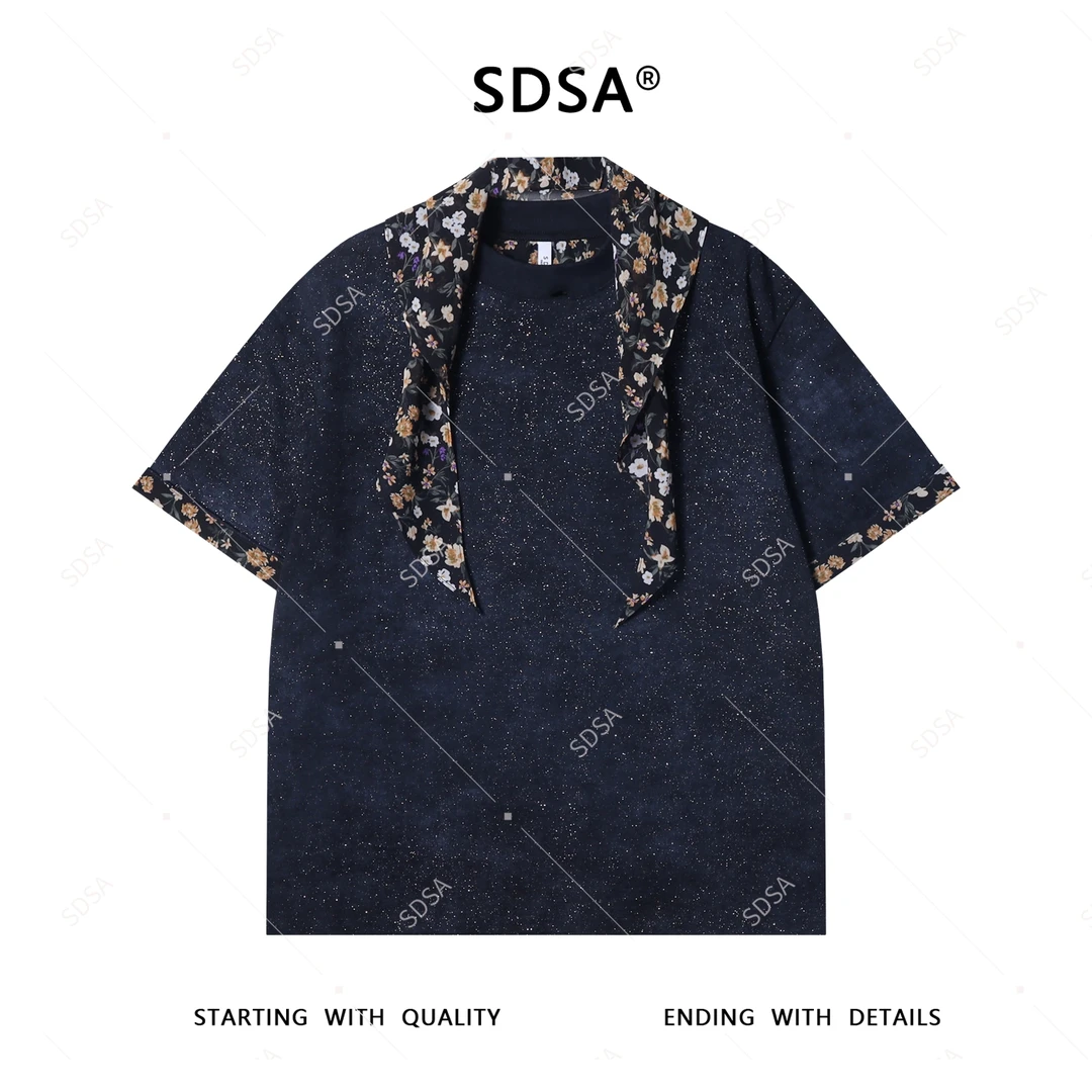 夏季高级感新款男士美式满天星拼接花卉领带设计短袖T恤百搭时尚