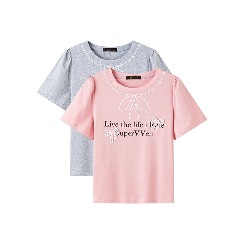 超级文 裂石穿云重工烫珠手工蝴蝶结短袖T恤