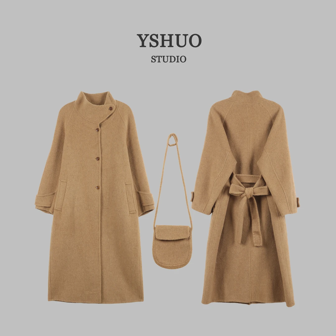 【华夫饼】韩系秋冬单排扣显瘦腰带带包包一套双面大衣33008