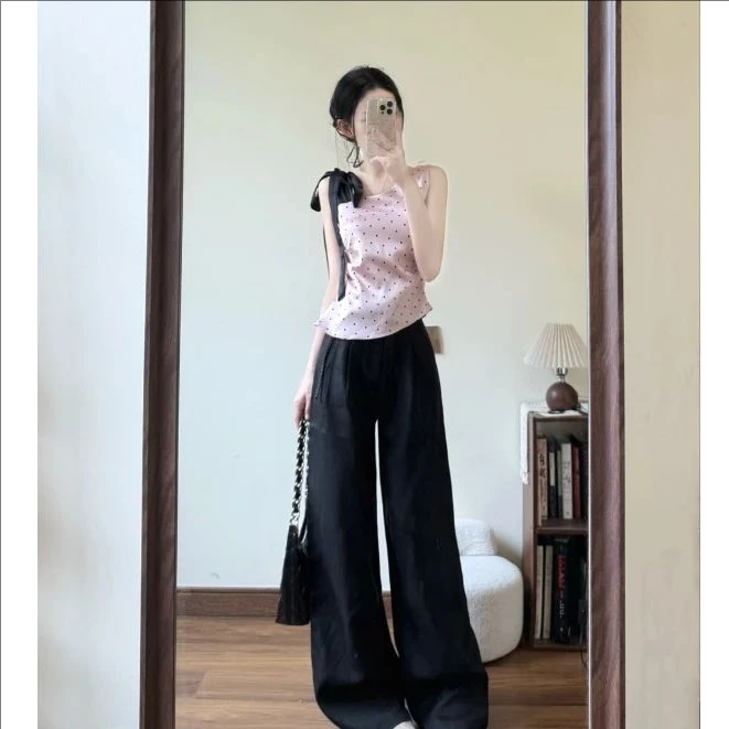 纯欲波点绑带蝴蝶结斜肩吊带背心无袖上衣休闲长裤套装
