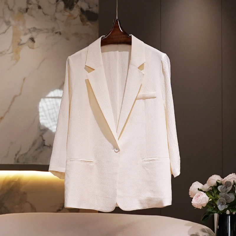 纯色细条泡泡纱真丝西装外套2024早秋新款简约显瘦百搭七分袖上衣