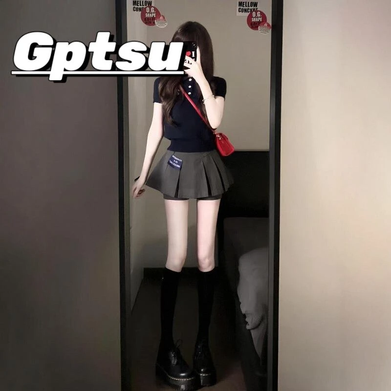 GPTSu夏季款小个子穿搭黑色短袖polo领上衣短裙可盐可甜两件套装