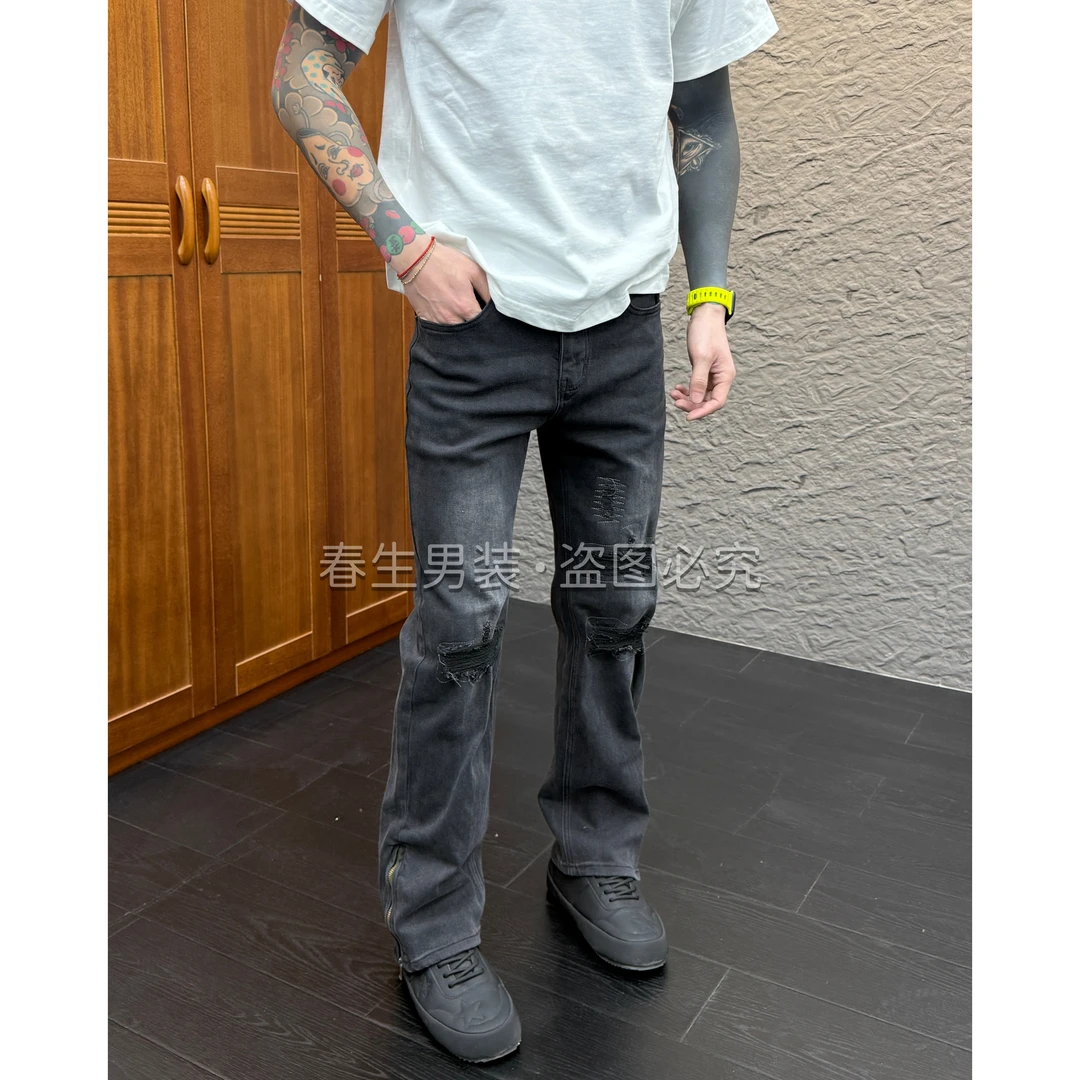 2025秋冬新款时尚休闲百搭假破洞裤脚拉链男士牛仔裤1962