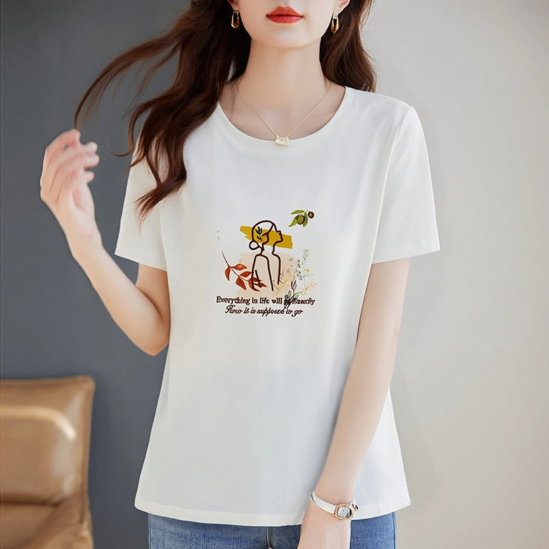 芳妮诗新款印花短袖t恤女2025夏季大码女装体恤正肩女士宽松上衣