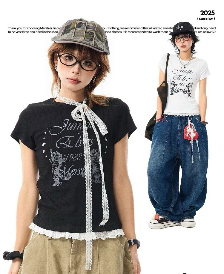 花生酱 美式复古蕾丝边正肩短袖T恤女夏季辣妹修身短款打底衫上衣