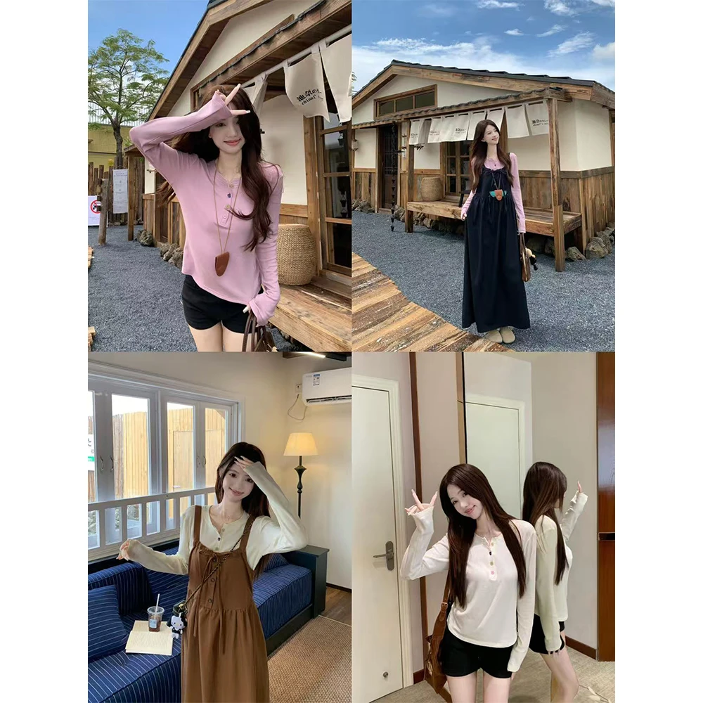 【百搭日记】撞色纽扣半开门襟针织打底衫T恤上衣女22579#