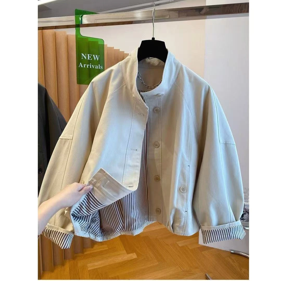 【138】LUOSHI/2025秋季宽松休闲条纹拼接立领夹克短外套女