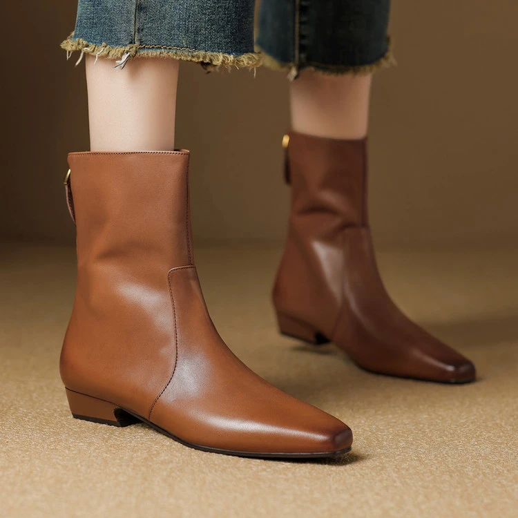 2.5cm~法式复古方头后拉链短靴女2025秋冬新款百搭气质通勤时装靴