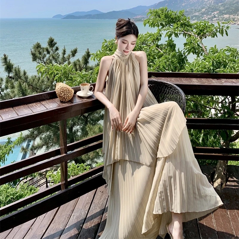 超仙海边度假连衣裙百褶裙长裙高级氛围拍照女神性感仙气套装裙子
