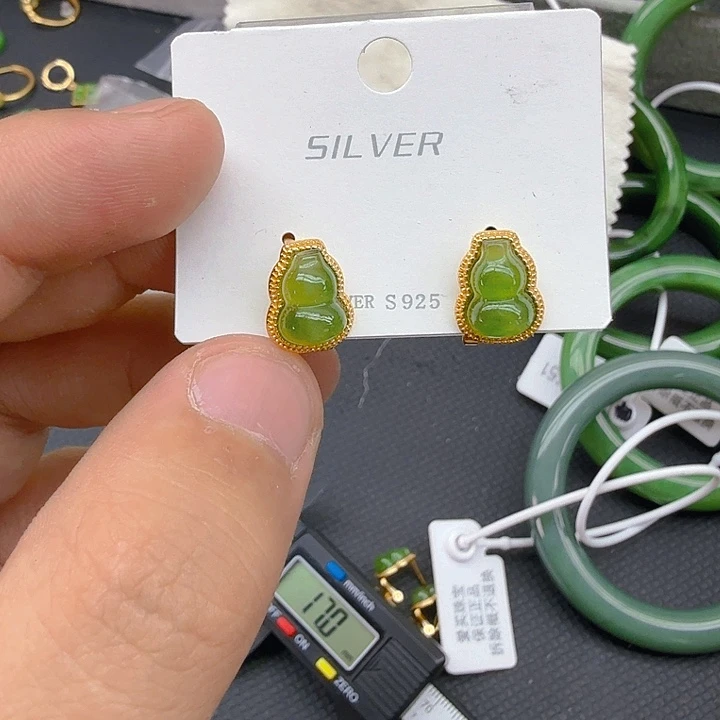 和田玉（碧玉）耳饰银S925镀金镶嵌