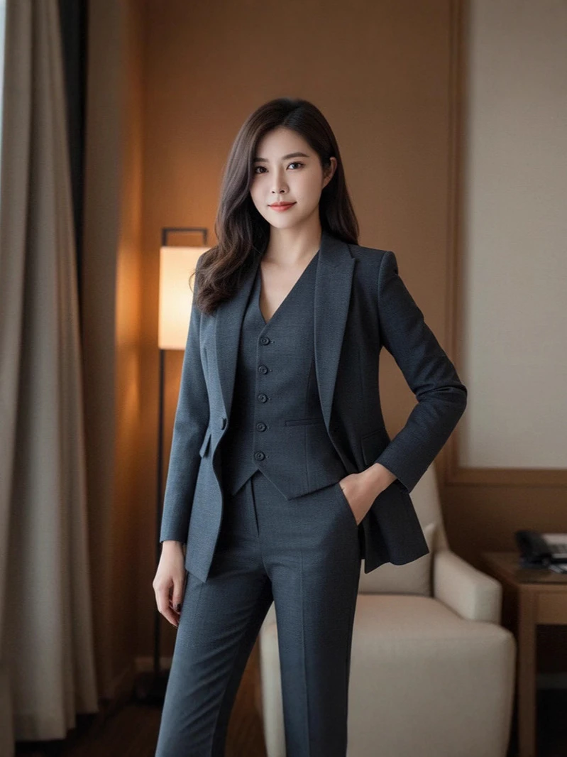 干练气质灰色西装套装女高级感职场穿搭一整套外套马甲裤子三件套