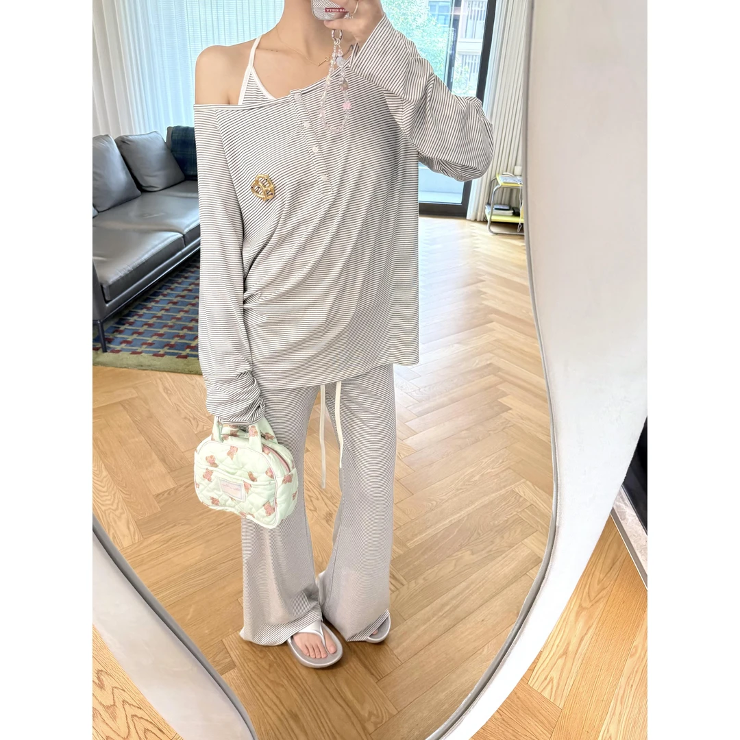 条纹吊带三件套睡衣女春秋2025新款慵懒风家居服长袖长裤套装外穿