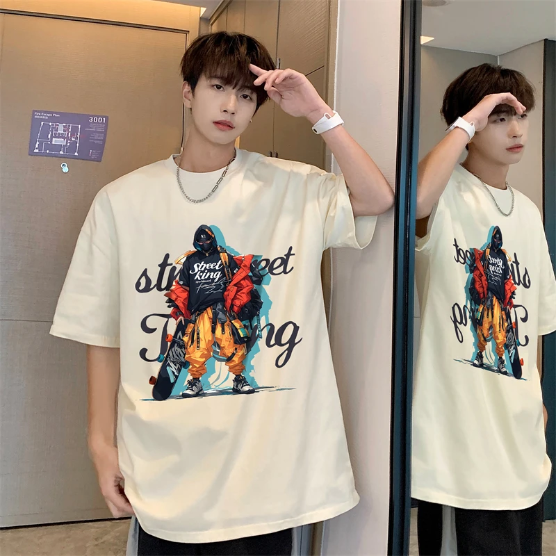 纯棉帅气圆领休闲宽松T恤上衣夏季百搭ins印花体恤半袖