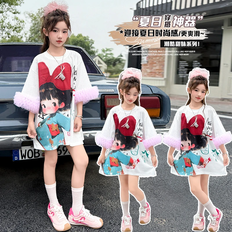 女童夏季新款kitty猫短袖圆领宽松T恤裙洋气中长款韩版2025新款