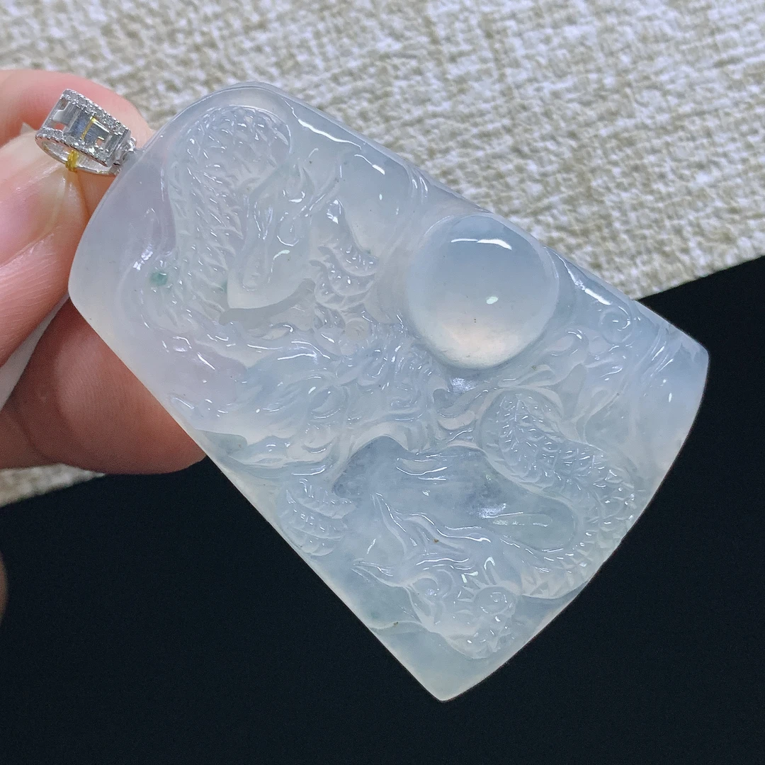 缅甸天然A货翡翠18k金镶嵌冰种龙腾盛世龙牌吊坠57.5x36x6