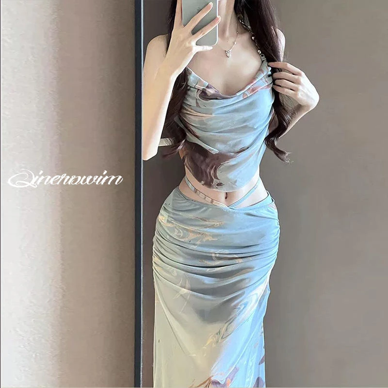 比基尼泳衣女款分体长裙时尚扎染三件套钢托聚拢性感温泉泳衣批发