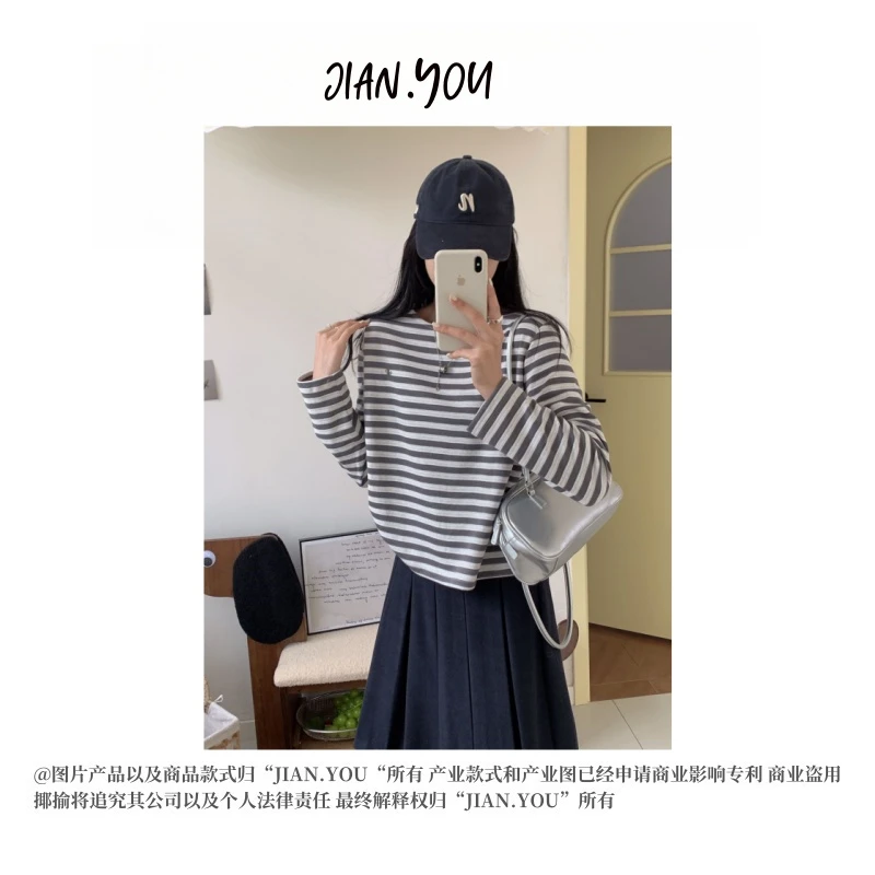 JIANYOU-「慵懒氛围」2025新款女装百搭韩系慵懒条纹T恤Q-A1128