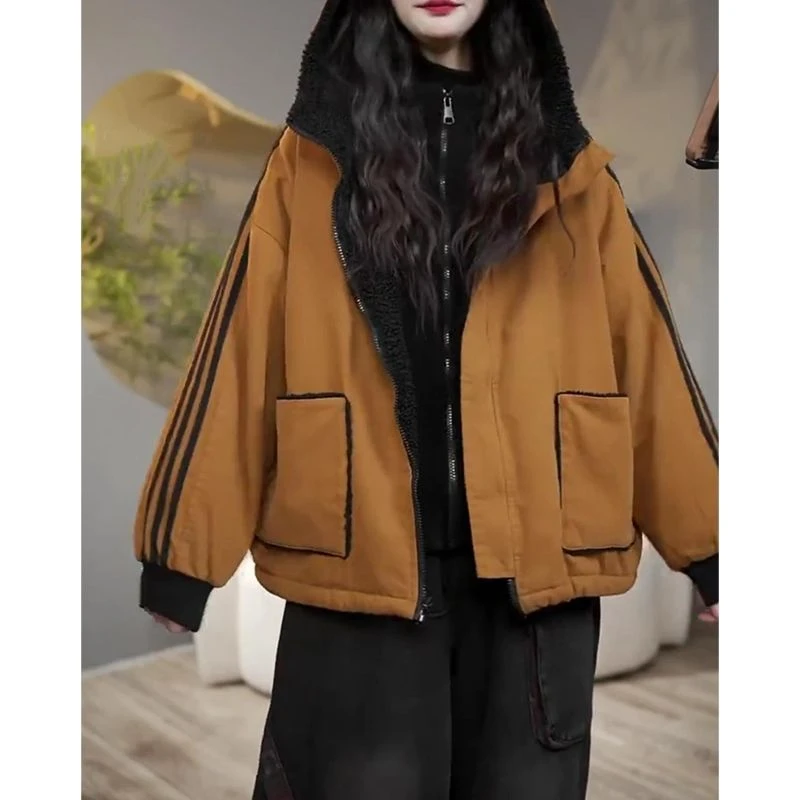 2024秋冬新款两面穿连帽棉服女时尚休闲简约宽松显瘦百搭棉衣外套