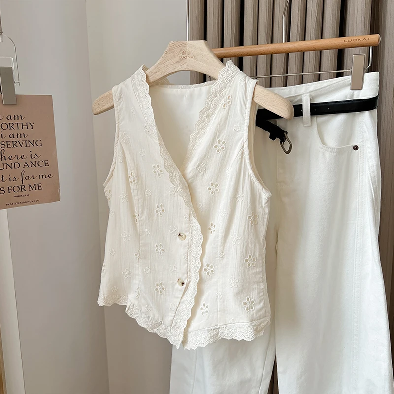 蕾丝衬衫女无袖夏季新款独特别致设计感小众镂空短款v领上衣衬衣