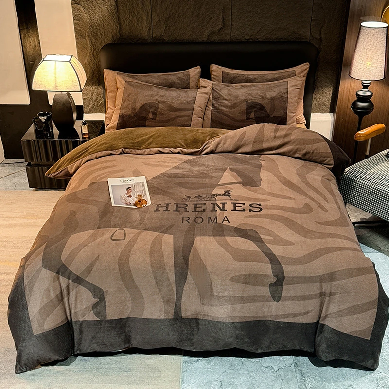 潮牌类母婴全消光牛奶绒四件套数码印花轻奢风加厚法兰绒四件套件