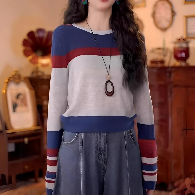 撞色复古条纹长袖针织衫女2025秋季新款百搭打底时尚T恤上衣小衫