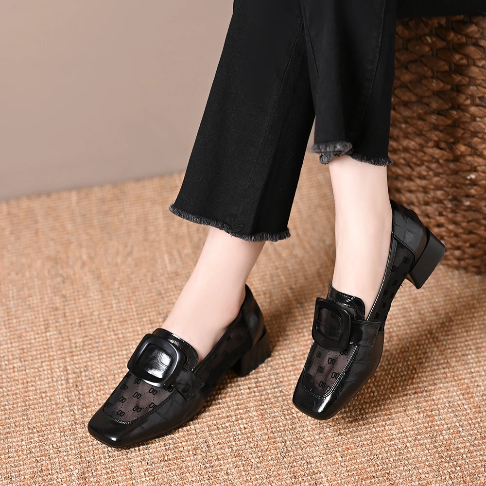 2025新款夏季网纱凉鞋女舒适粗跟单鞋软皮软底女鞋镂空皮鞋豆豆鞋