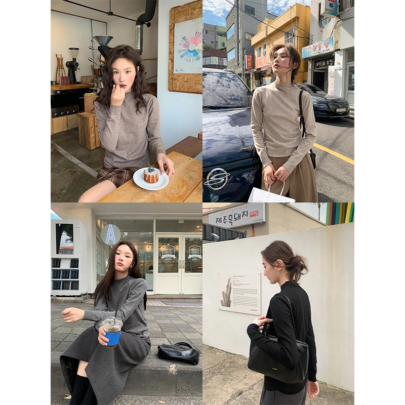 【你好卡农-蕾子】半高领泡泡袖侧压褶修身显瘦打底衫KZ24Z4905D清1