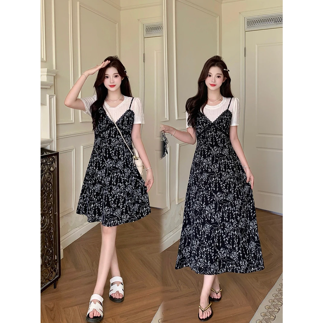 2025夏装新款胖mm大码女装时尚气质显瘦拼接碎花吊带长短款连衣裙