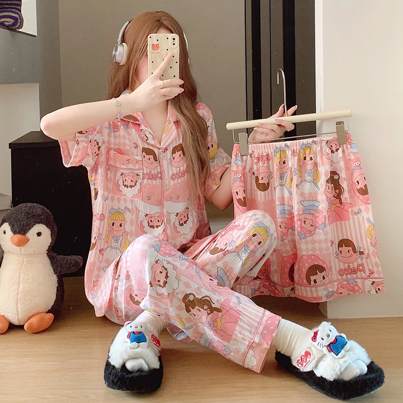 睡衣女云朵棉短袖短裤三件套长裤甜美卡通夏季学生薄款女士家居服
