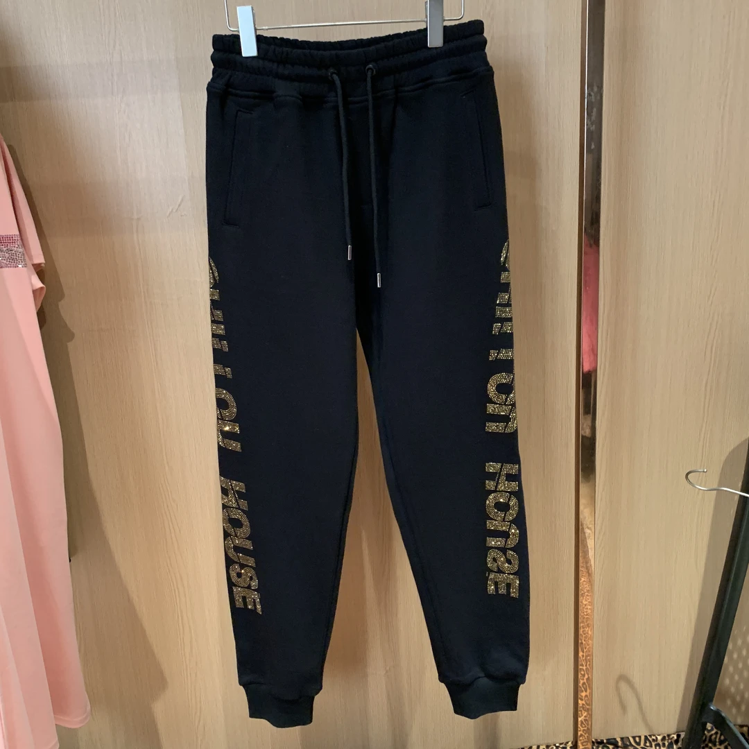 黑色字母烫钻休闲长裤时尚设计男女同款潮流
